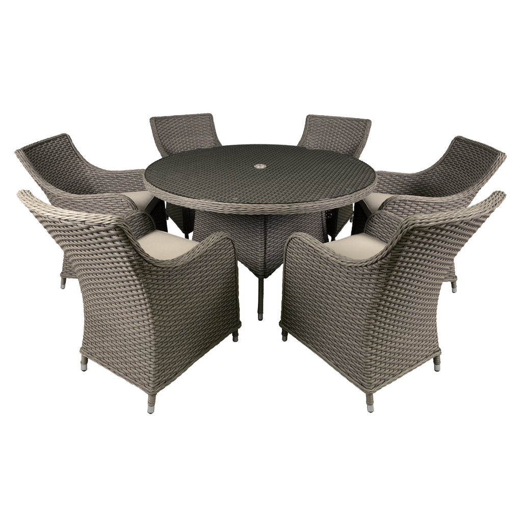 Dellonda Chester Rattan Wicker Outdoor Dining Set with Tempered Glass Tabletop 7pc