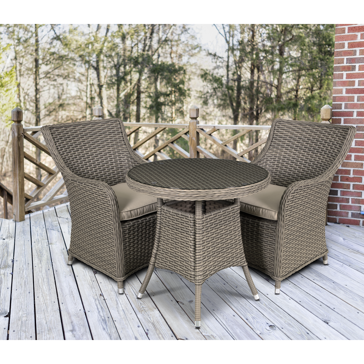 Dellonda Chester Rattan Wicker Outdoor Dining Set with Tempered Glass Tabletop 3pc