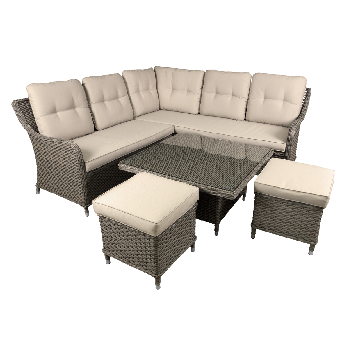 Dellonda Chester Rattan Wicker Outdoor 5-Seater Corner Sofa, Adjustable Table & Footstools Set 5pc
