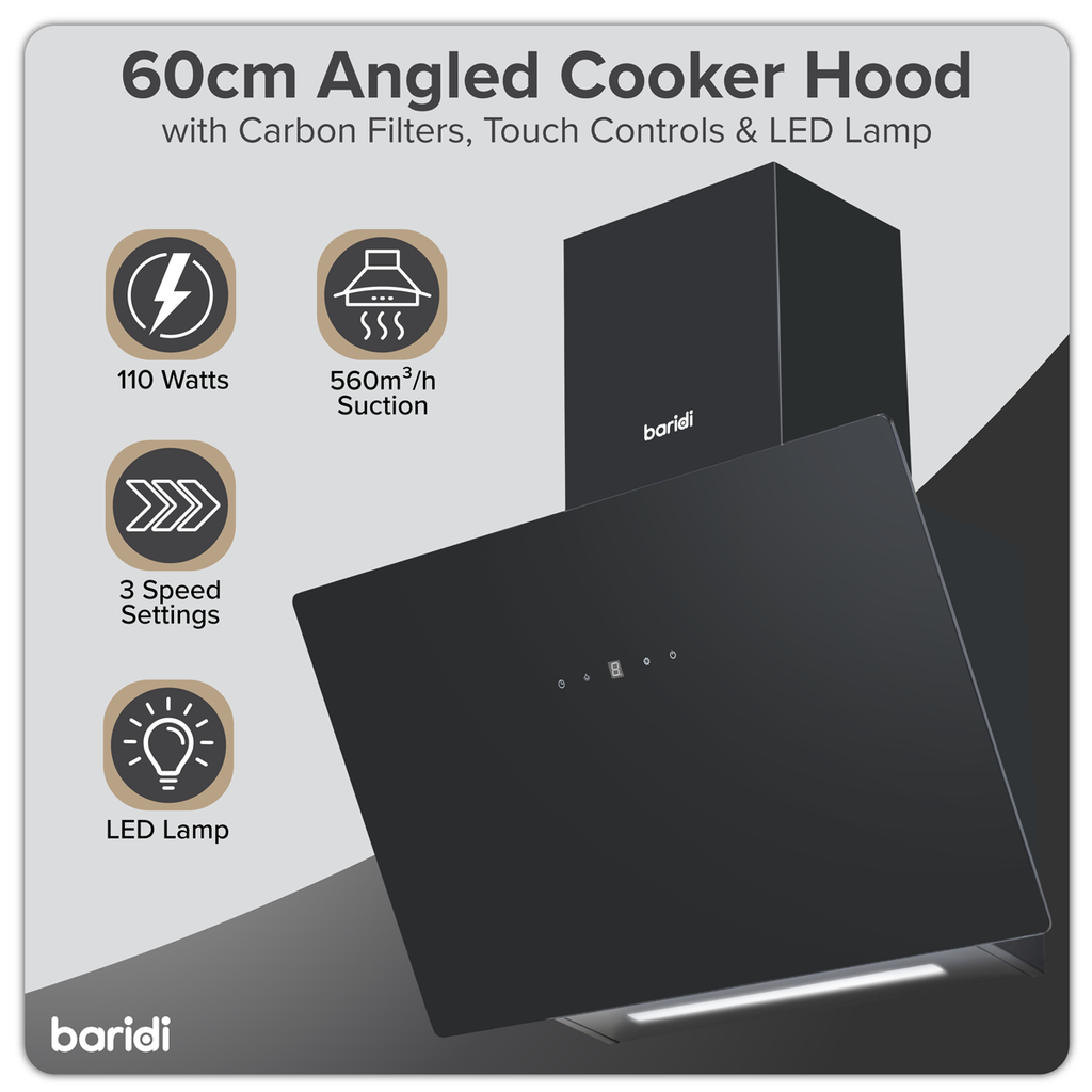 Baridi Angled Chimney Cooker Hood with Filters 60cm, Black (DH105)