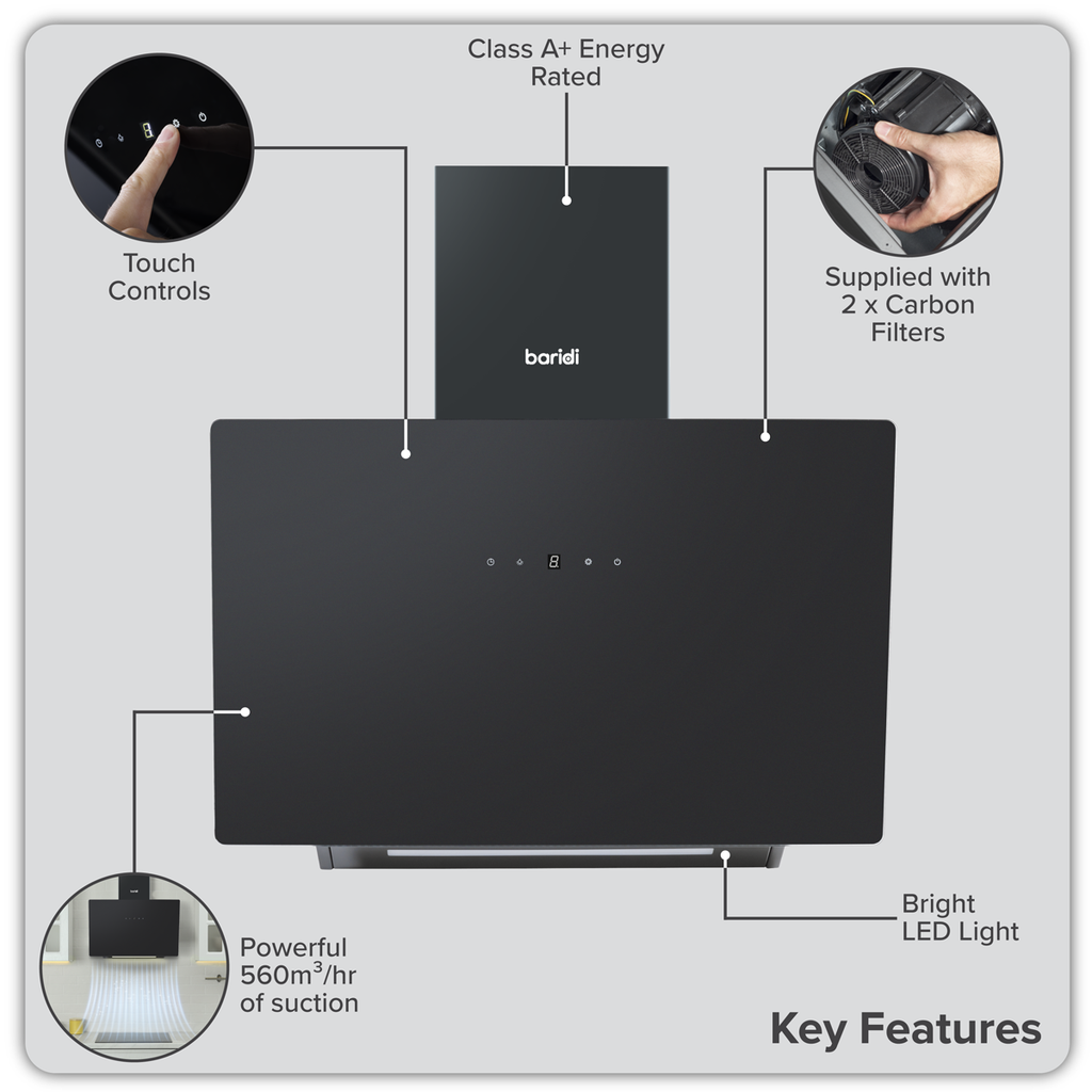 Baridi Angled Chimney Cooker Hood with Filters 60cm, Black (DH105)