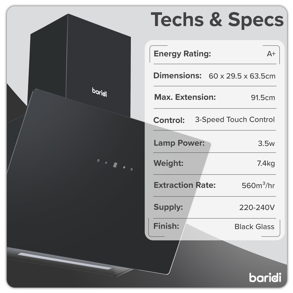 Baridi Angled Chimney Cooker Hood with Filters 60cm, Black (DH105)