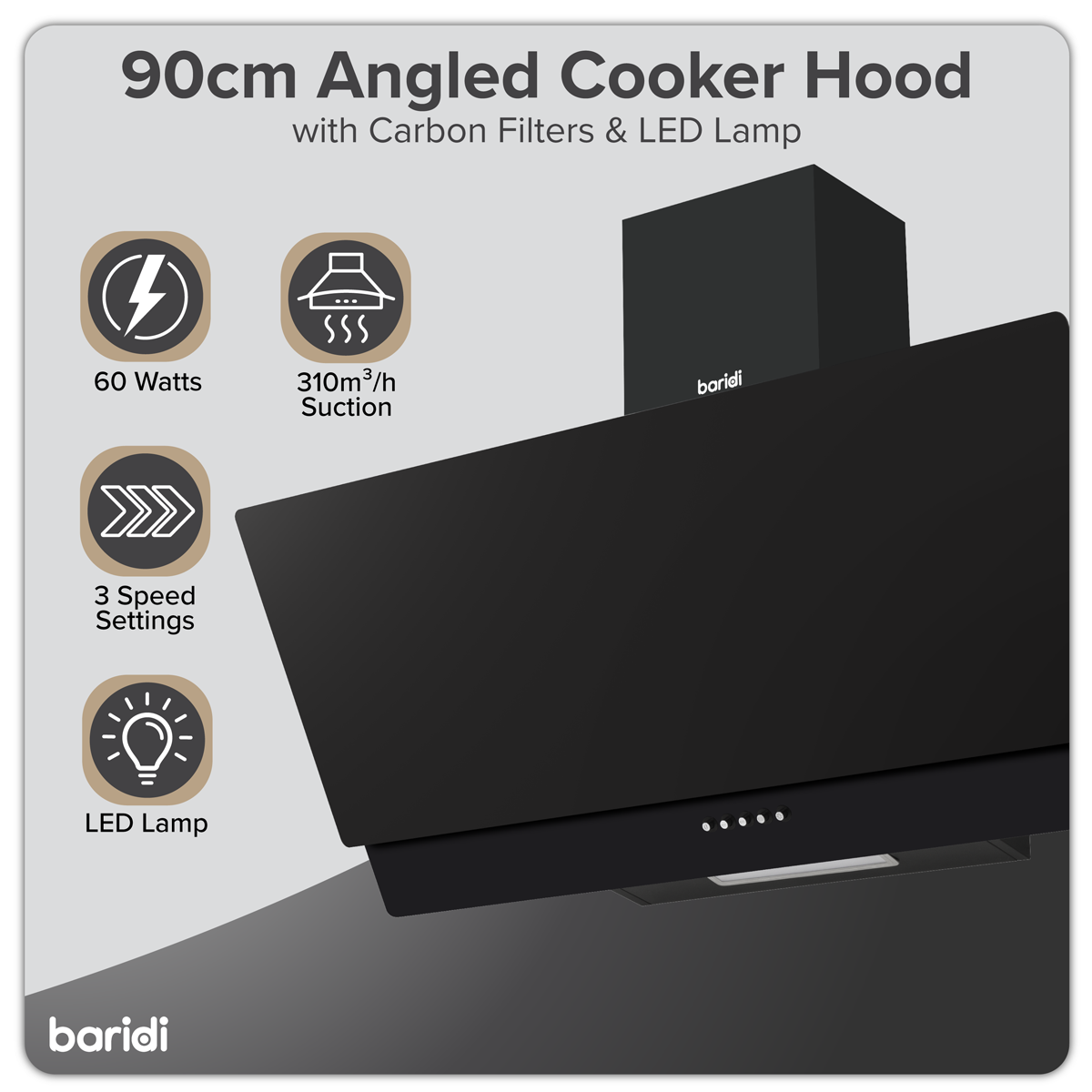 Baridi Angled Chimney Cooker Hood with Filters 90cm, Black (DH106) (Factory Refurbished B)
