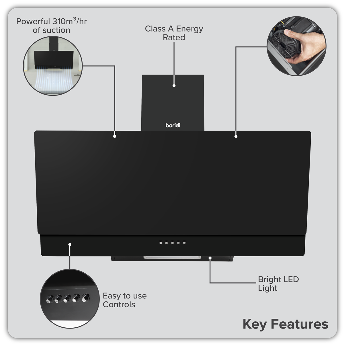 Baridi Angled Chimney Cooker Hood with Filters 90cm, Black (DH106) (Factory Refurbished B)