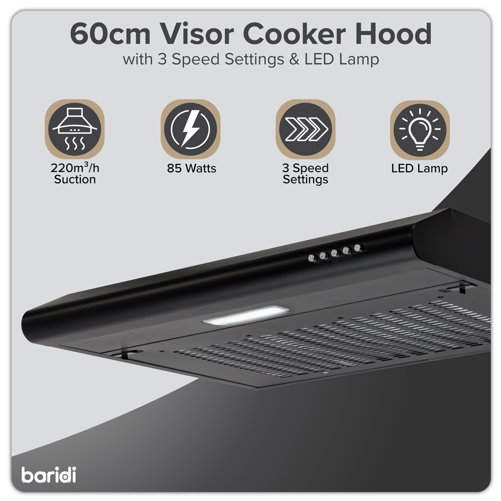 Baridi Visor Cooker Hood Extractor Fan 60cm, Black (DH107)