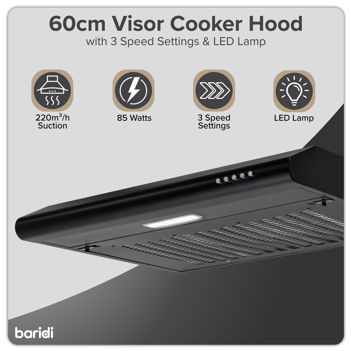 Baridi Visor Cooker Hood Extractor Fan 60cm, Black (DH107)