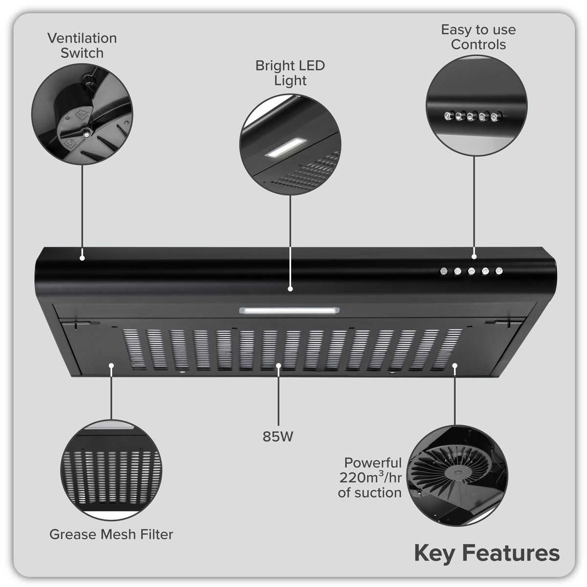 Baridi Visor Cooker Hood Extractor Fan 60cm, Black (DH107)