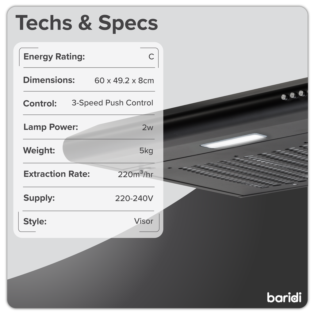Baridi Visor Cooker Hood Extractor Fan 60cm, Black (DH107)