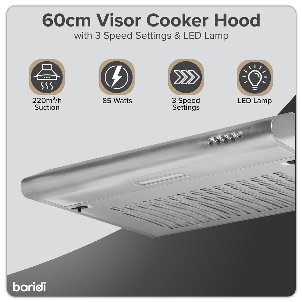 Baridi Visor Cooker Hood Extractor Fan 60cm, Stainless Steel (DH108) (Factory Refurbished B)
