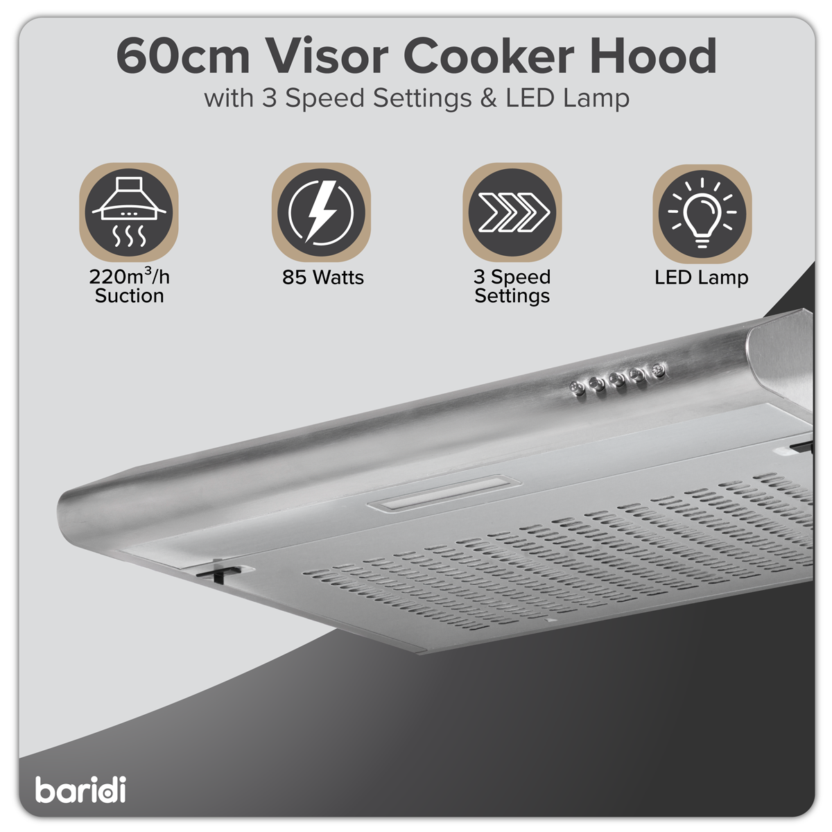 Baridi Visor Cooker Hood Extractor Fan 60cm, Stainless Steel (DH108) (Factory Refurbished A)