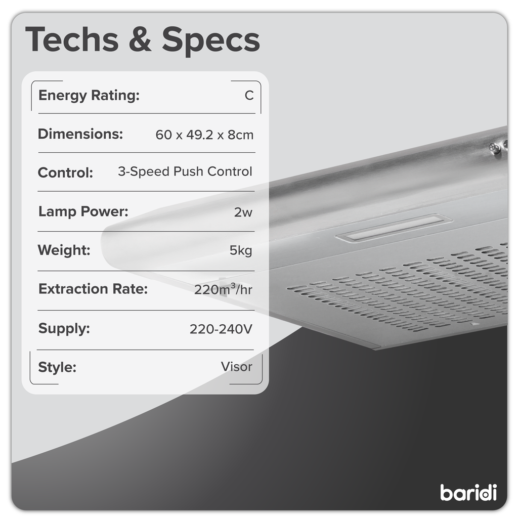 Baridi Visor Cooker Hood Extractor Fan 60cm, Stainless Steel (DH108) (Factory Refurbished B)