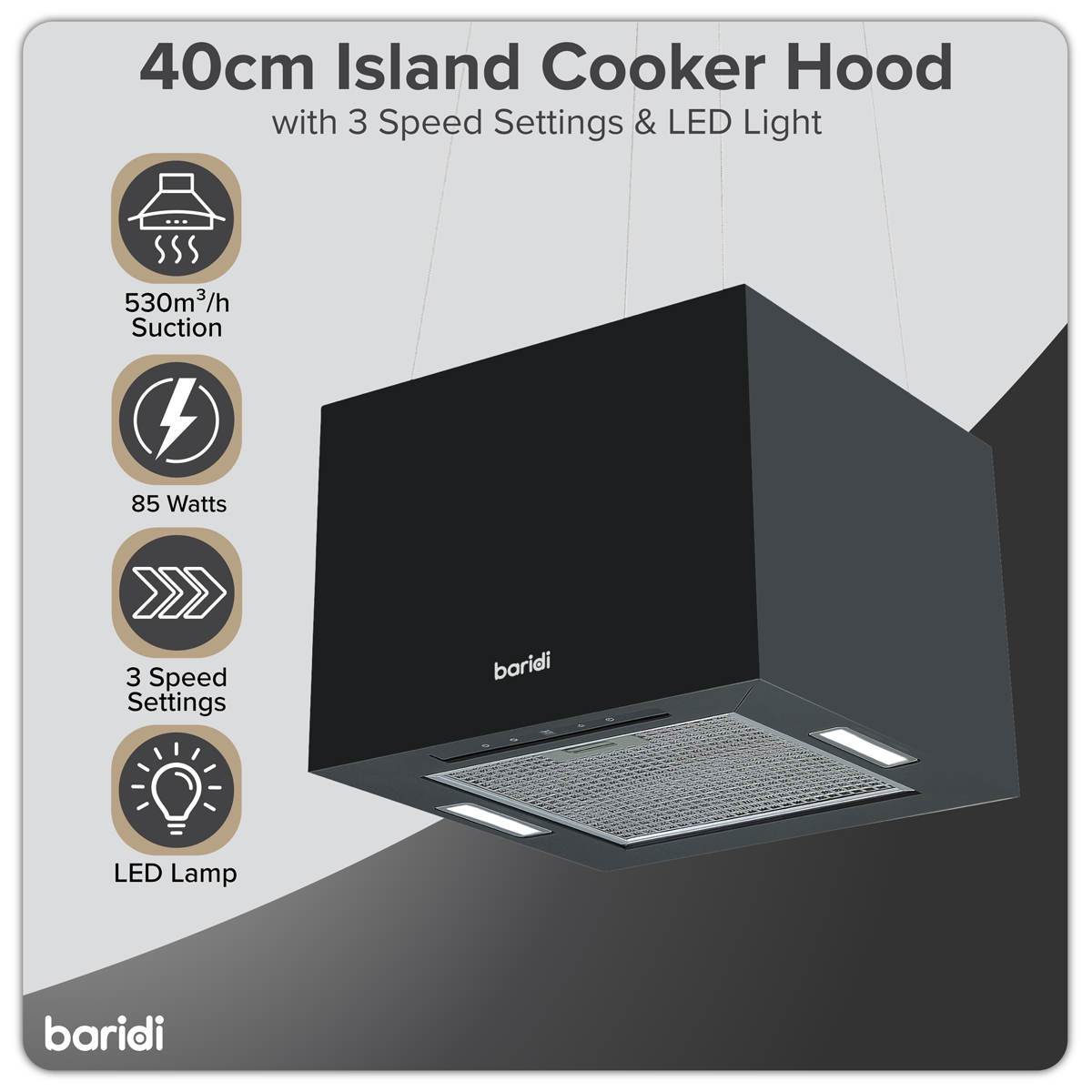 Baridi Square Island Cooker Hood with Filter 40cm, Black (DH109)