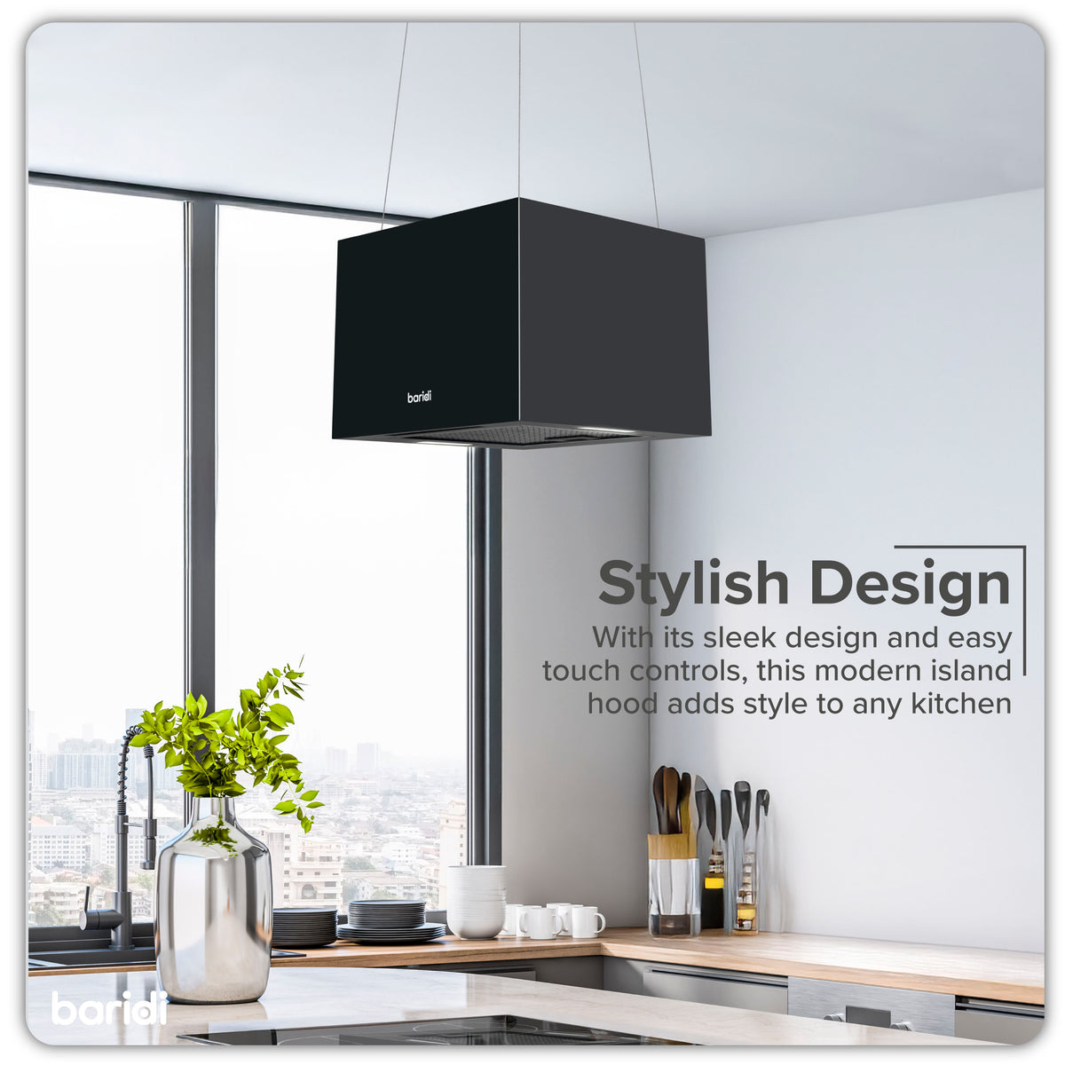 Baridi Square Island Cooker Hood with Filter 40cm, Black (DH109)