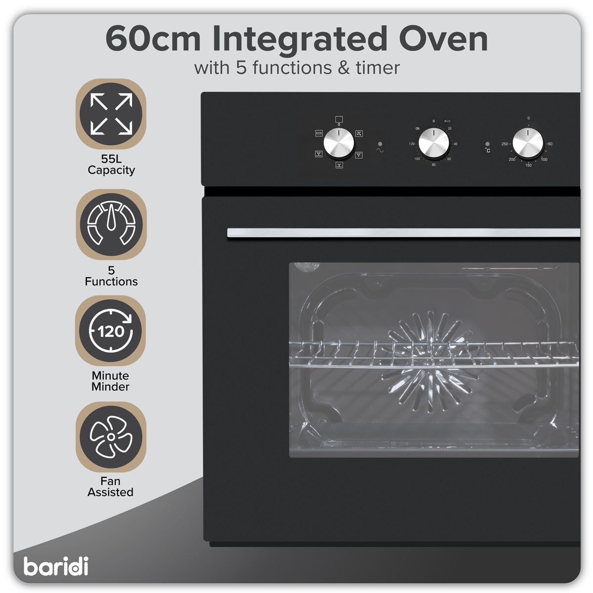 Baridi Built-In Fan-Assisted Oven with Timer 60cm, 55L Capacity, Black (DH110) (Factory Refurbished B)