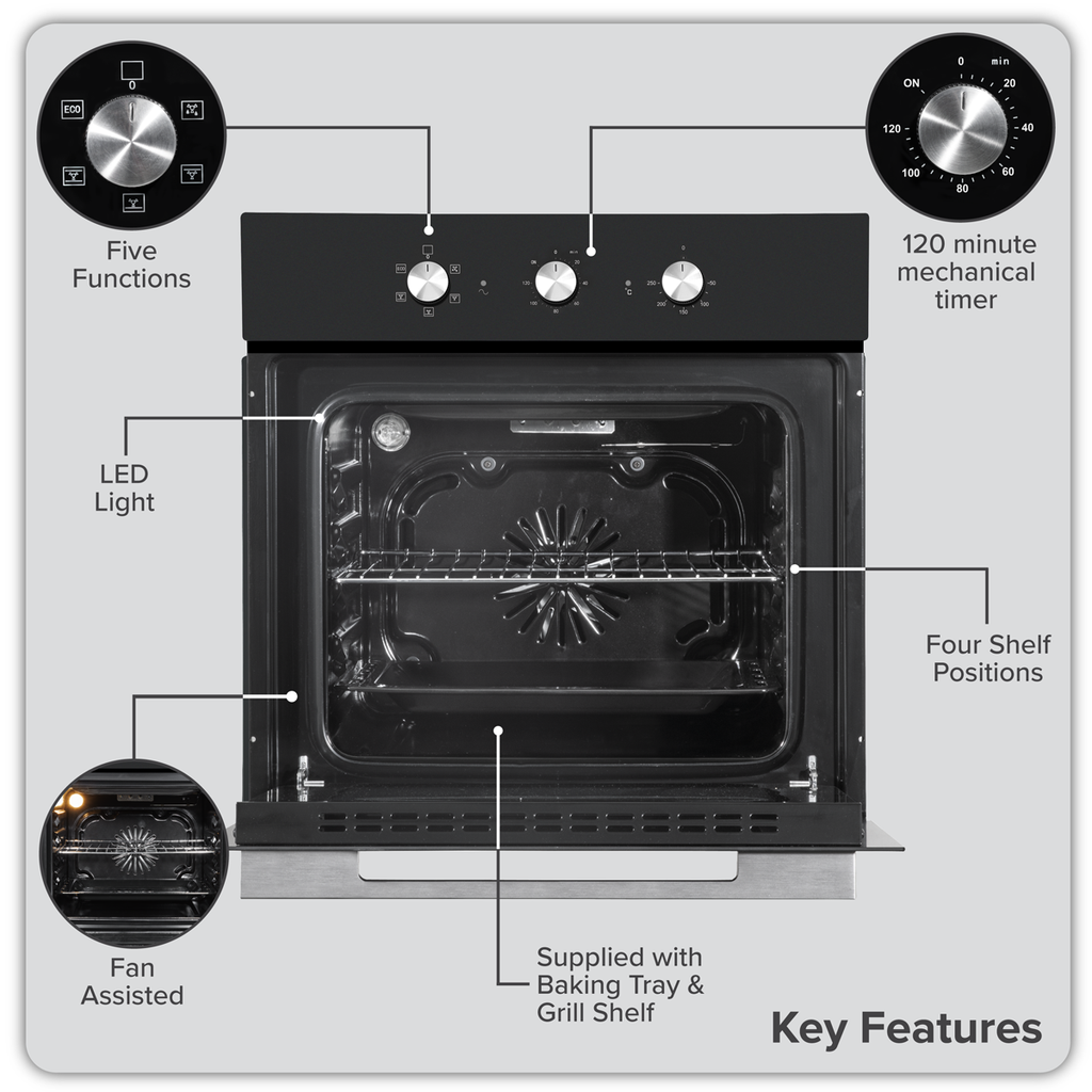 Baridi Built-In Fan-Assisted Oven with Timer 60cm, 55L Capacity, Black (DH110) (Factory Refurbished B)