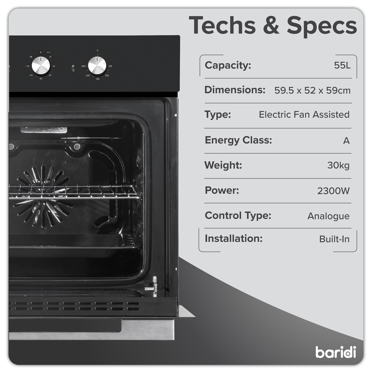 Baridi Built-In Fan-Assisted Oven with Timer 60cm, 55L Capacity, Black (DH110) (Factory Refurbished B)