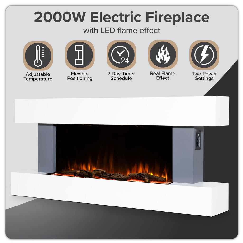 Baridi Electric Fireplace 52", Wall Mounted, LED Flame Effects, Grey (DH112)