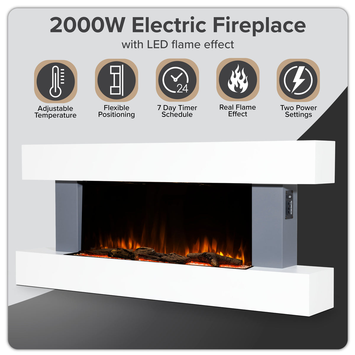 Baridi Electric Fireplace 52", Wall Mounted, LED Flame Effects, Grey (DH112)