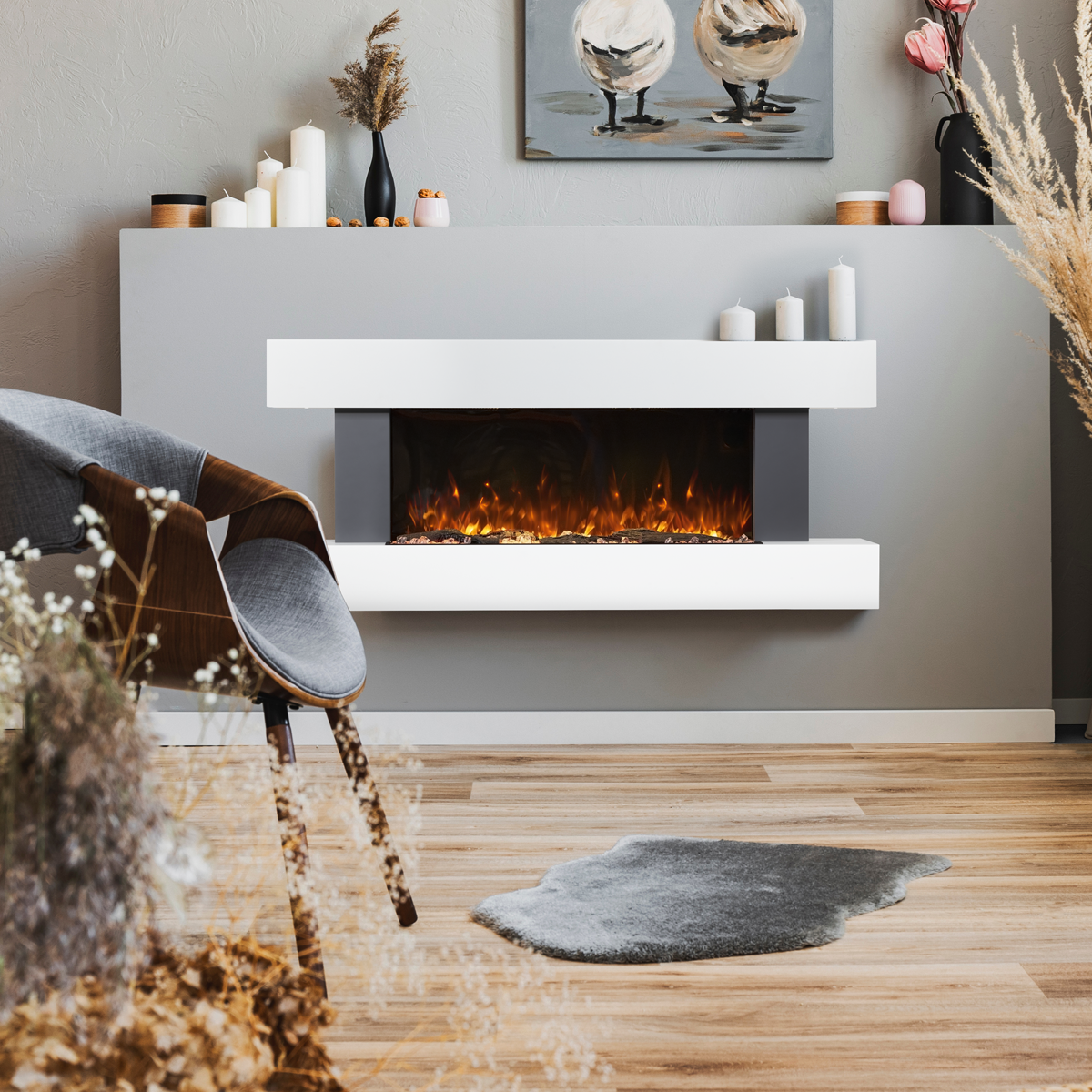 Baridi Electric Fireplace 52", Wall Mounted, LED Flame Effects, Grey (DH112)