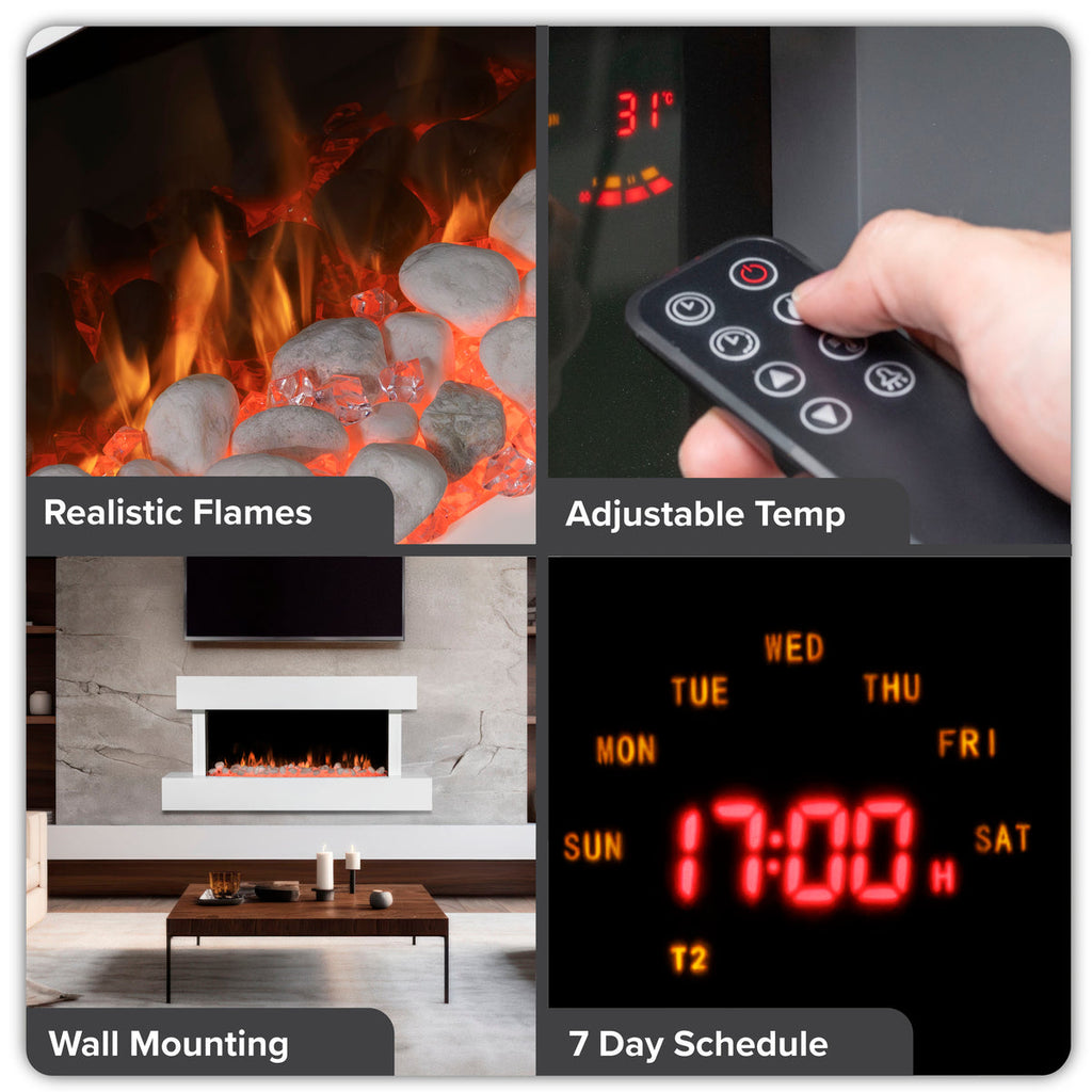 Baridi Electric Fireplace 46", Wall Mounted, LED Flame Effects, White (DH113)