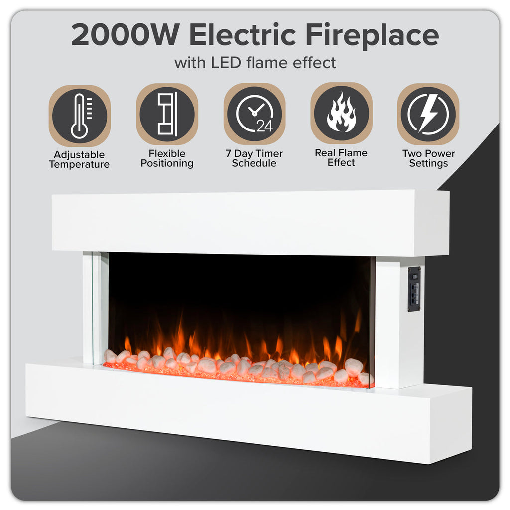 Baridi Electric Fireplace 46", Wall Mounted, LED Flame Effects, White (DH113)