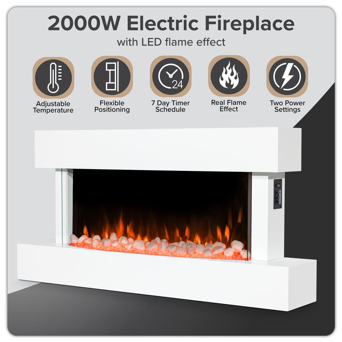 Baridi Electric Fireplace 46", Wall Mounted, LED Flame Effects, White (DH113)