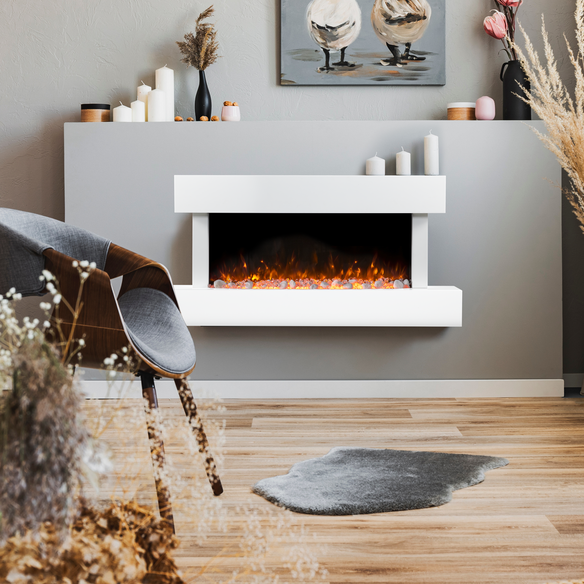 Baridi Electric Fireplace 46", Wall Mounted, LED Flame Effects, White (DH113)