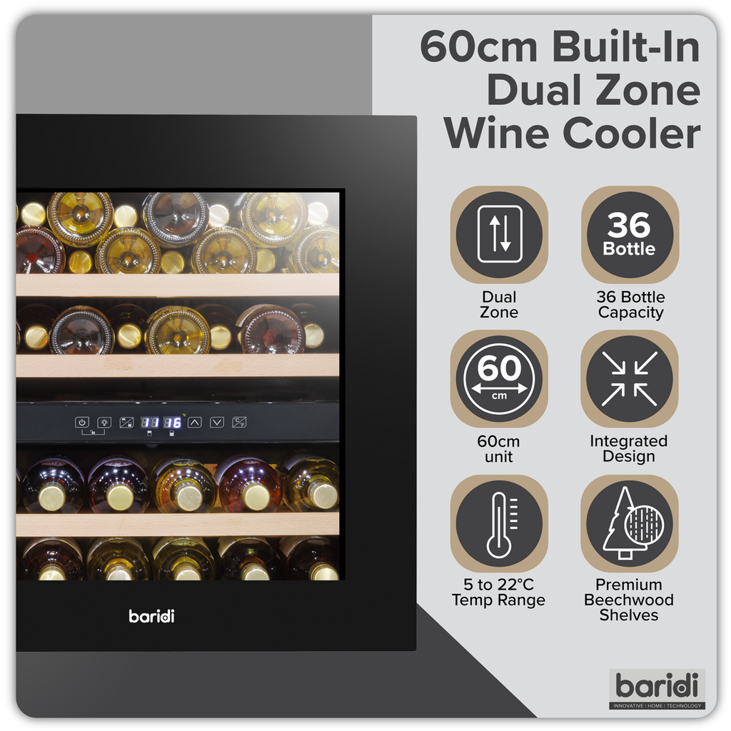 Baridi Built-In Dual Zone Wine Cooler Fridge, 36 Bottle, Black (DH117) (Factory Refurbished B)