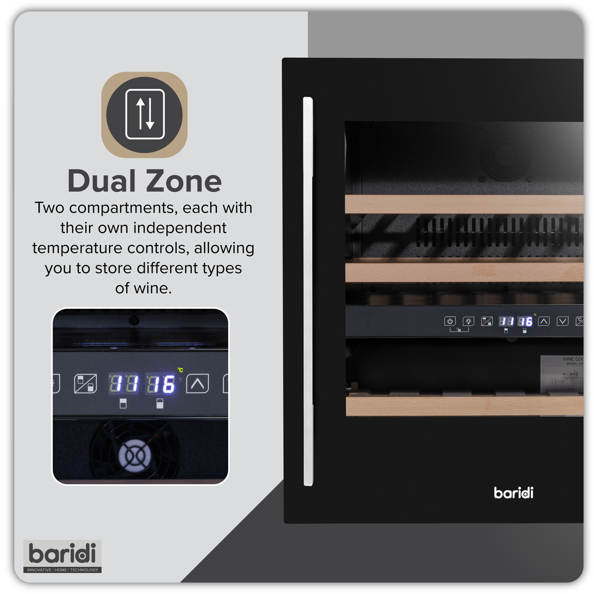 Baridi Built-In Dual Zone Wine Cooler Fridge, 36 Bottle, Black (DH117) (Factory Refurbished B)