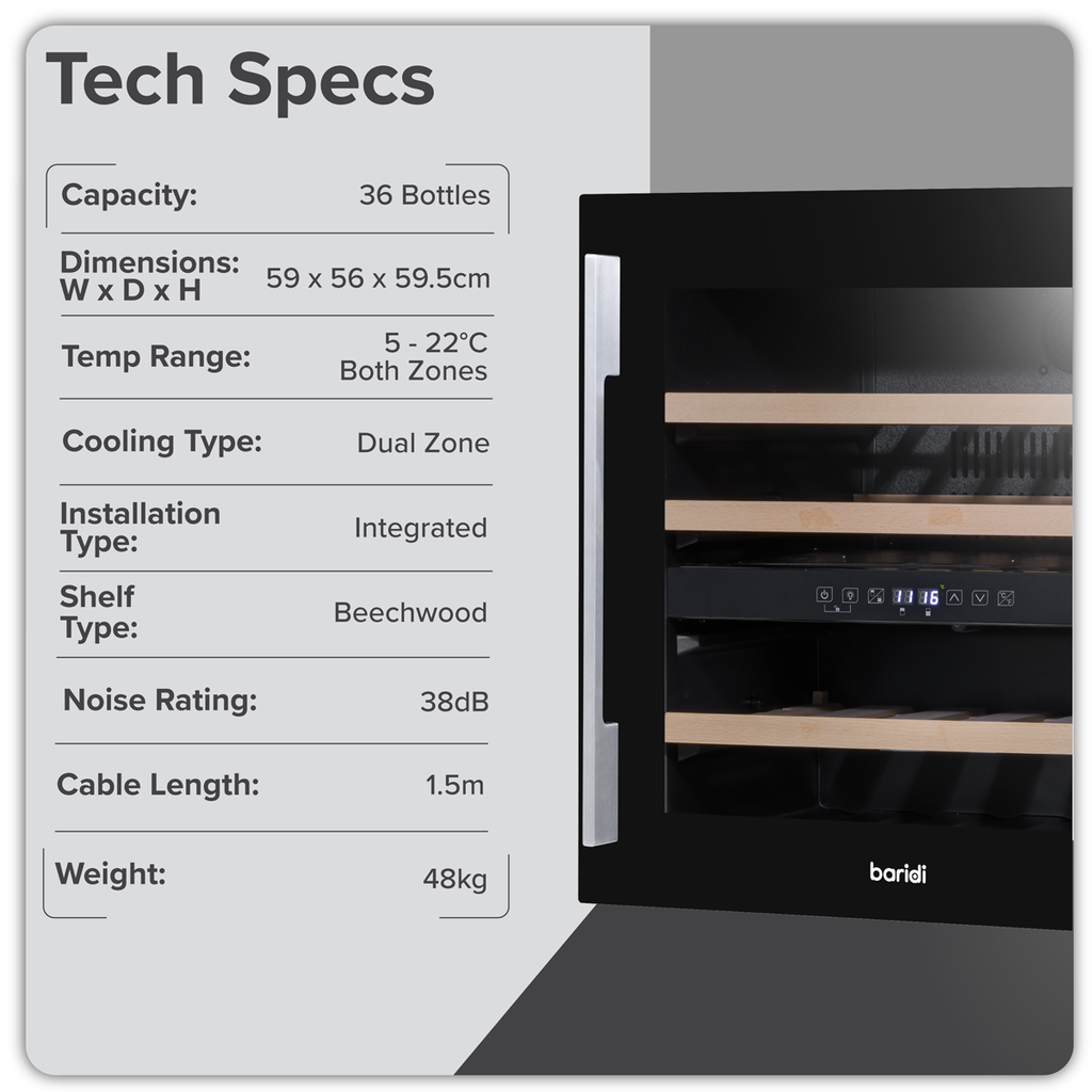 Baridi Built-In Dual Zone Wine Cooler Fridge, 36 Bottle, Black (DH117) (Factory Refurbished B)