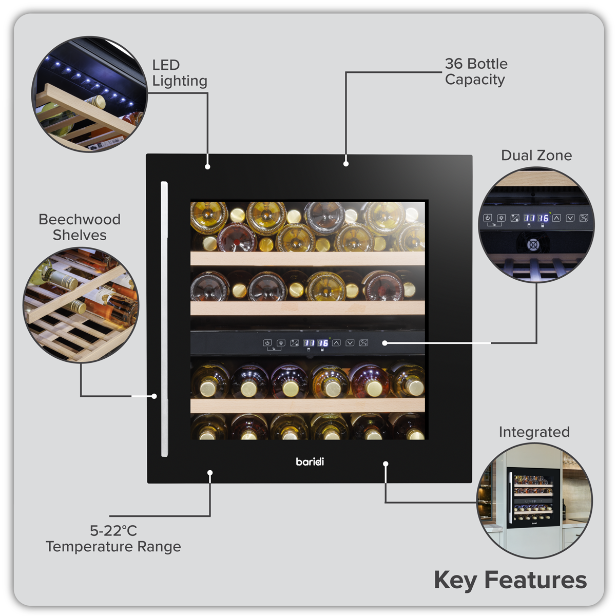 Baridi Built-In Dual Zone Wine Cooler Fridge, 36 Bottle, Black (DH117) (Factory Refurbished B)