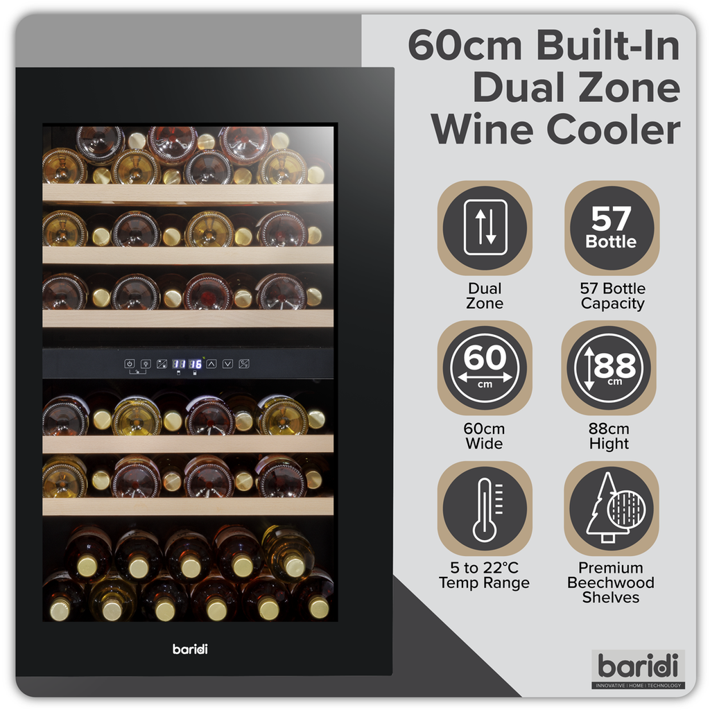 Baridi Built-In Dual Zone Wine Cooler Fridge, 57 Bottle, Black (DH118) (Factory Refurbished B)