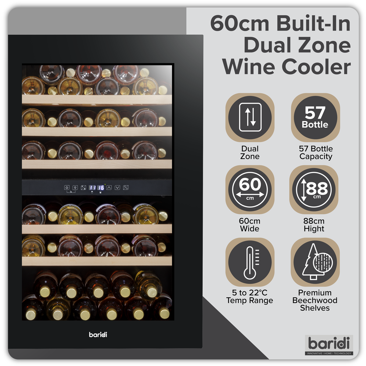 Baridi Built-In Dual Zone Wine Cooler Fridge, 57 Bottle, Black (DH118) (Factory Refurbished B)