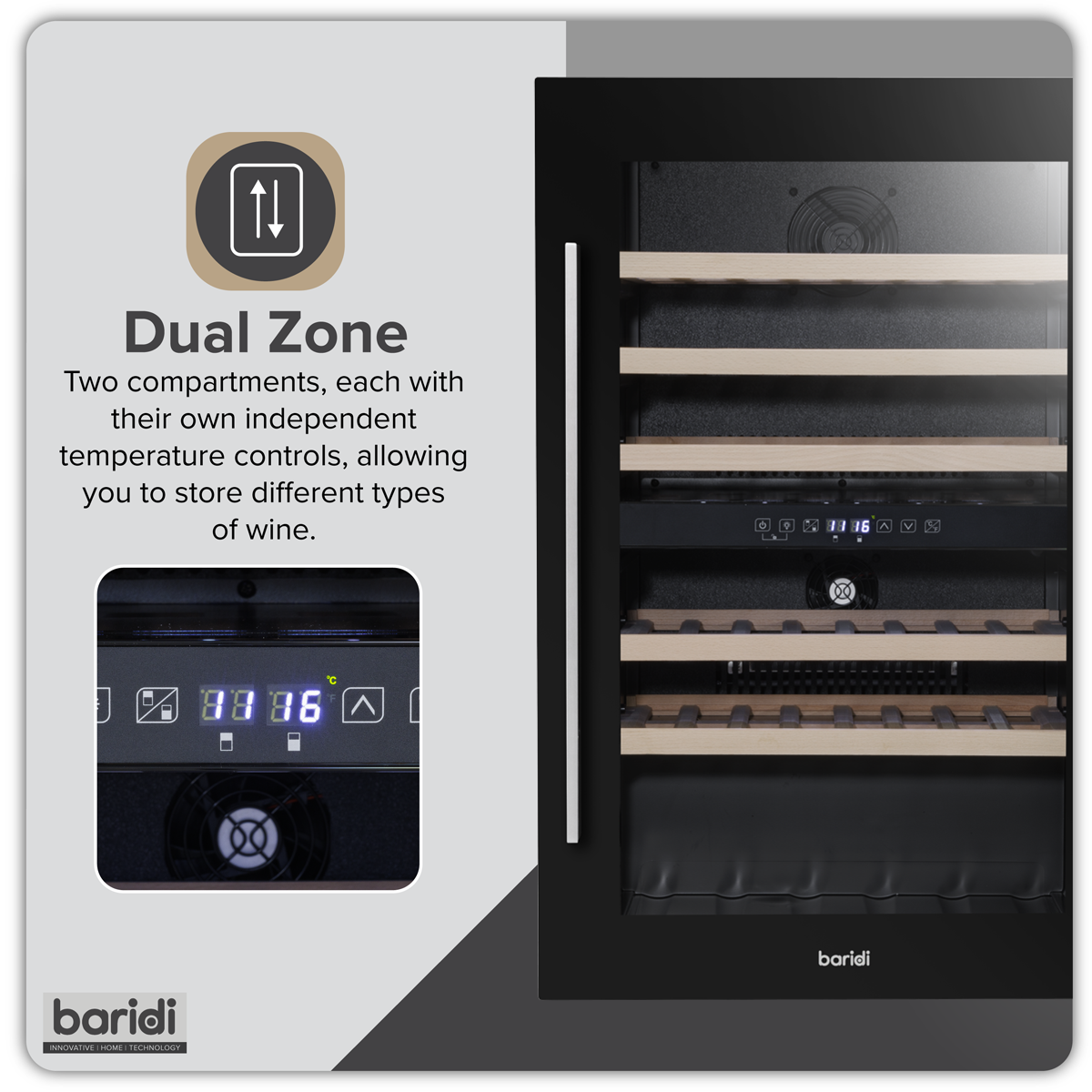 Baridi Built-In Dual Zone Wine Cooler Fridge, 57 Bottle, Black (DH118) (Factory Refurbished B)