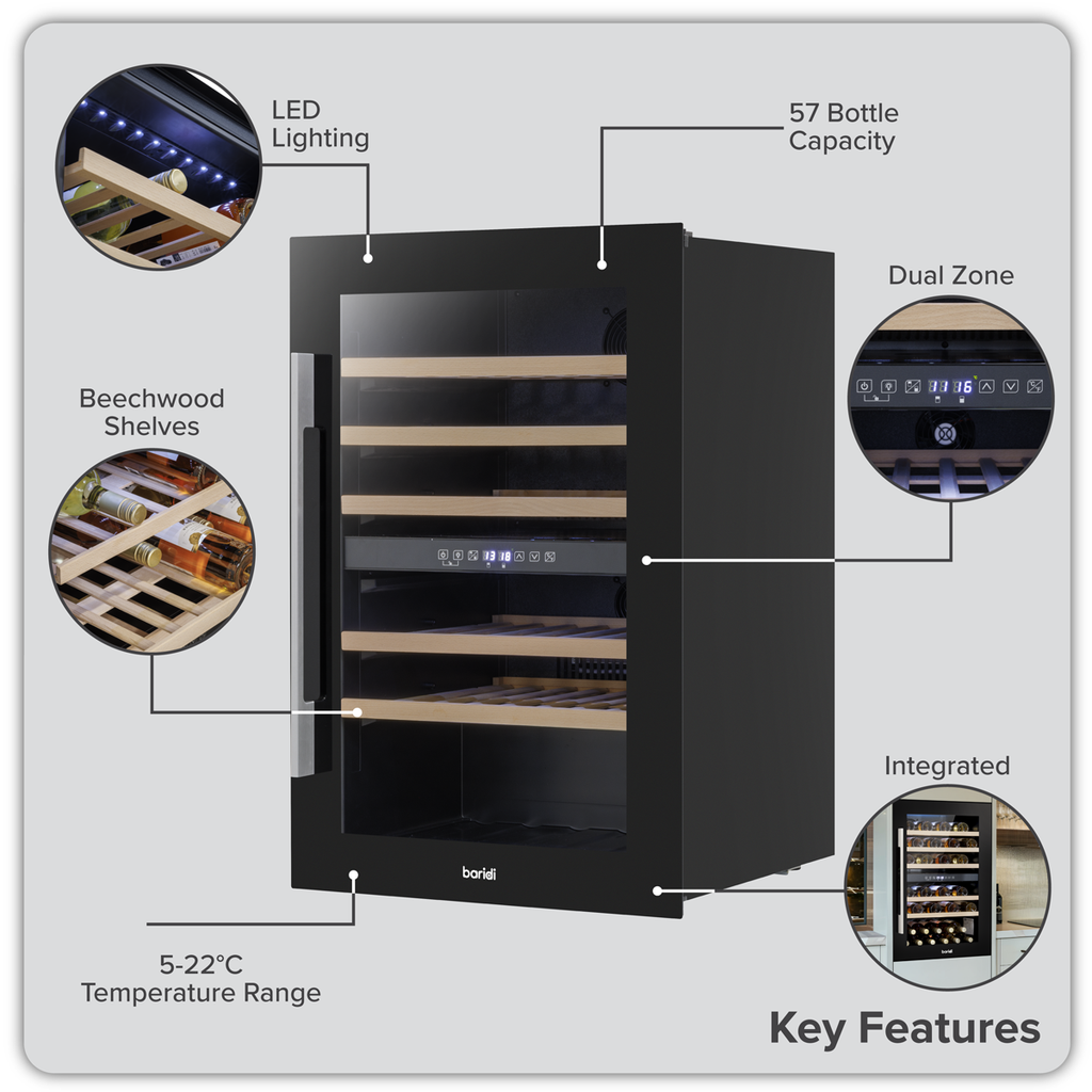 Baridi Built-In Dual Zone Wine Cooler Fridge, 57 Bottle, Black (DH118) (Factory Refurbished B)
