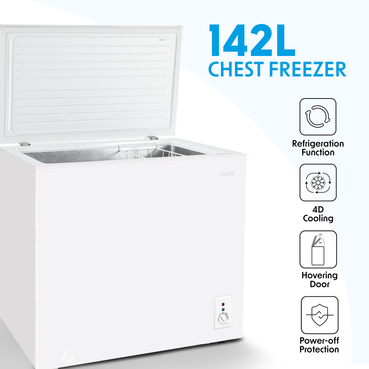 Baridi Freestanding Chest Freezer, 142L Capacity, White (DH120)