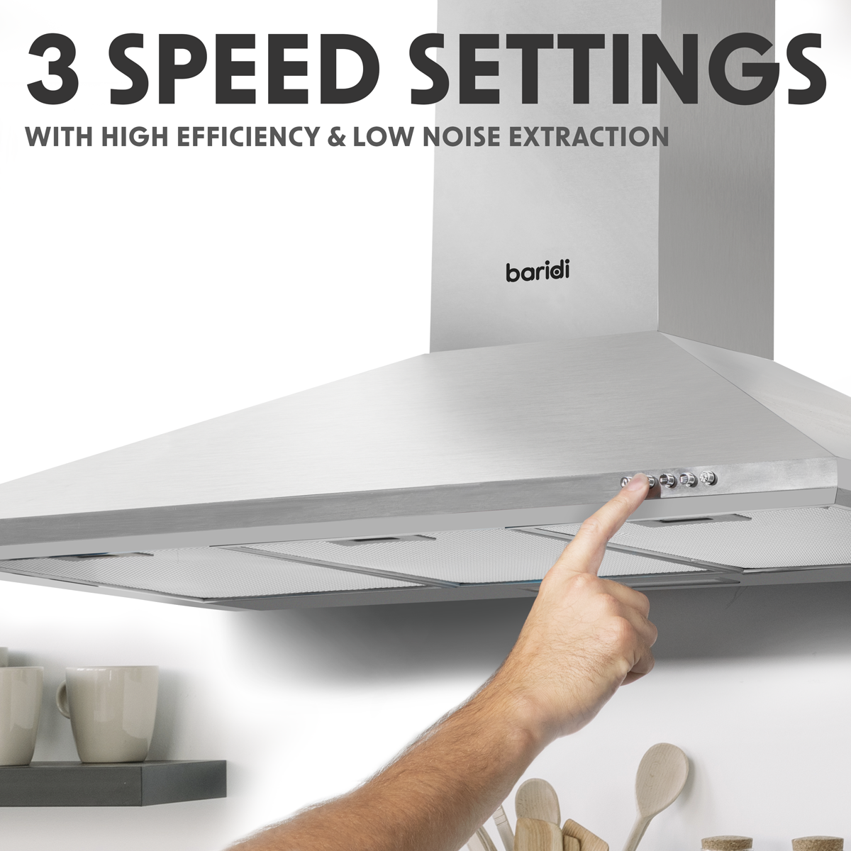 Baridi Chimney Style Cooker Hood with Splashback 90cm, Stainless Steel (DH211)
