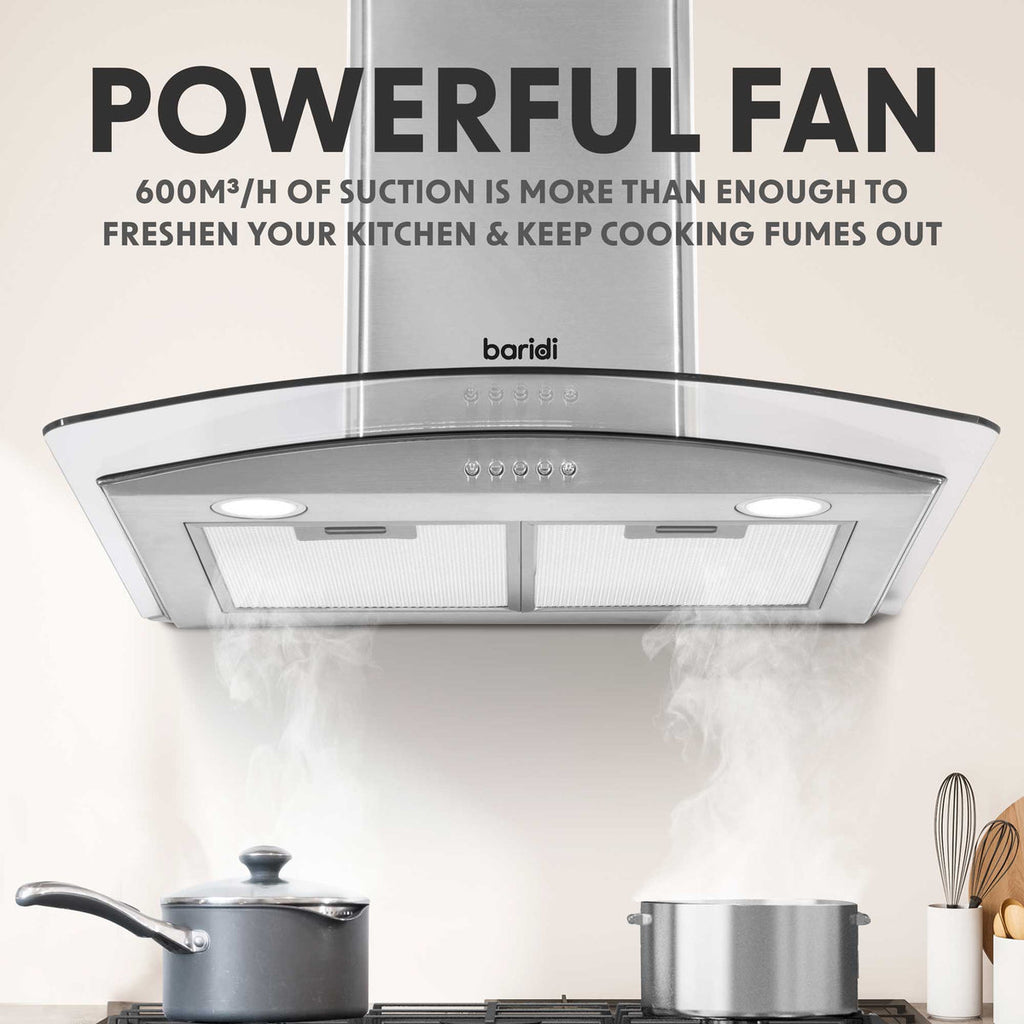 Baridi Curved Glass Cooker Hood with Filters 60cm, Stainless Steel (DH128)