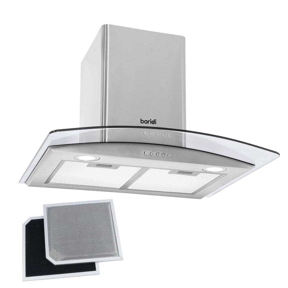 Baridi Curved Glass Cooker Hood with Carbon Filters & LED Lights 60cm - Stainless Steel