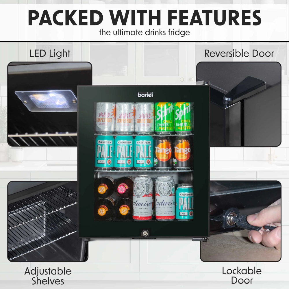 Baridi DH12 DH75 Table Top Freestanding Drinks, Beer and Wine Mini Cooler Fridge with LED Light, 50 Litre Capacity