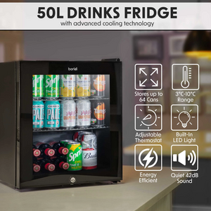 Baridi DH12 DH75 Table Top Freestanding Drinks, Beer and Wine Mini Cooler Fridge with LED Light, 50 Litre Capacity