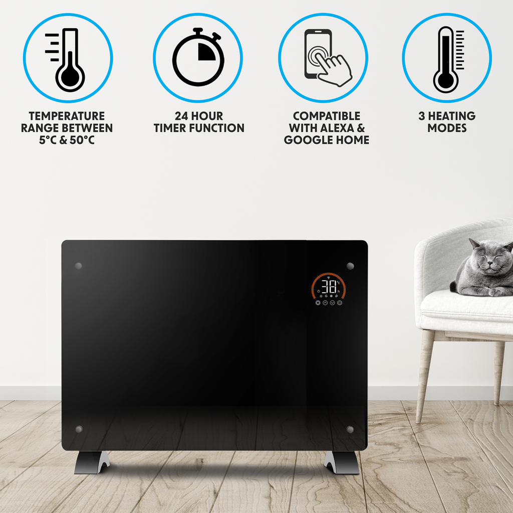 Baridi Electric Glass Panel Heater, 1500W, 24/7 Timer, Wi-Fi Enabled, Black (DH137)