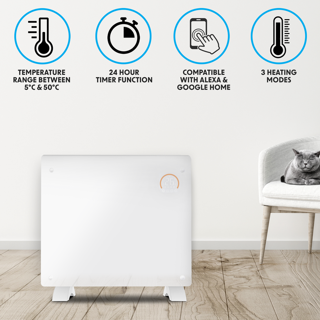 Baridi Electric Glass Panel Heater, 2000W, 24/7 Timer, Wi-Fi Enabled, White (DH140)