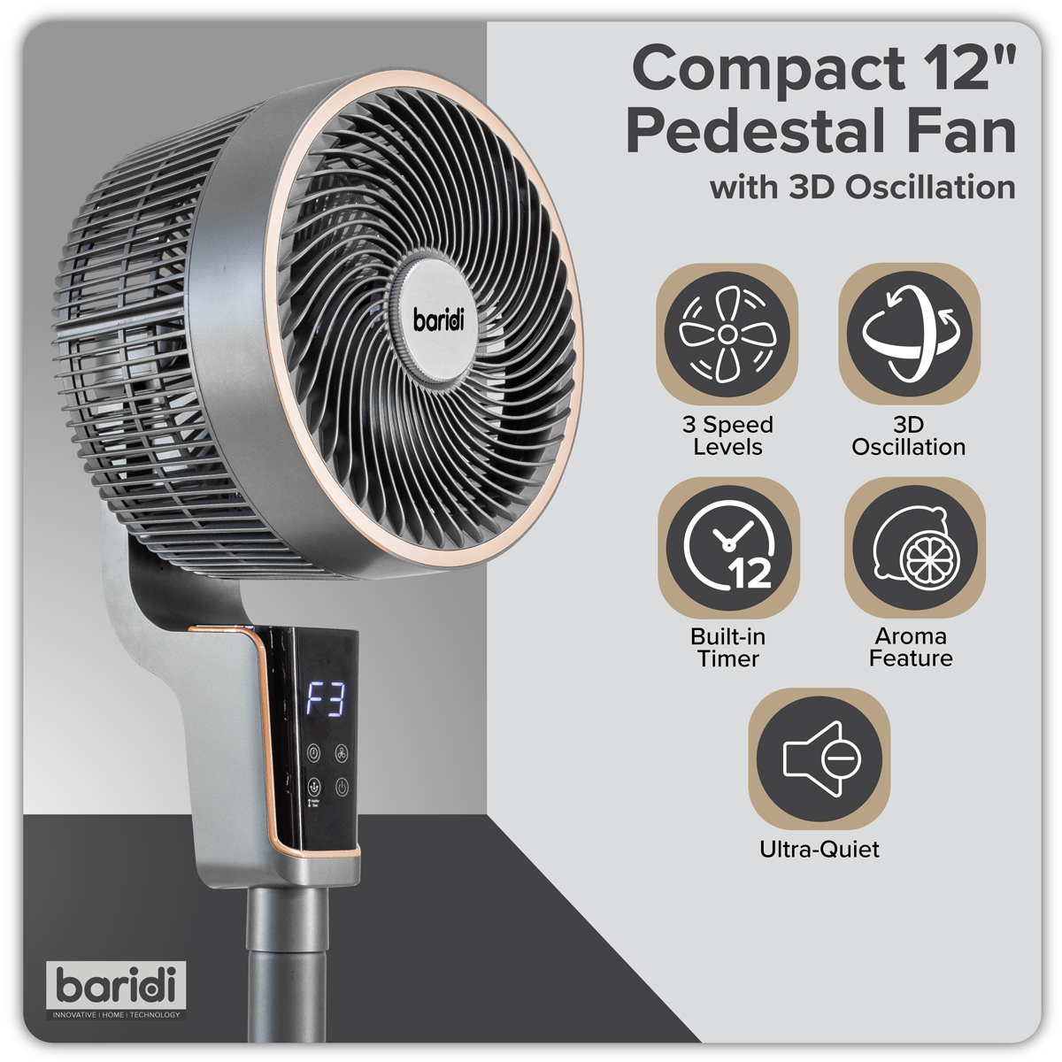 Baridi Pedestal Fan with Remote Control & Timer 12", Grey (DH141)