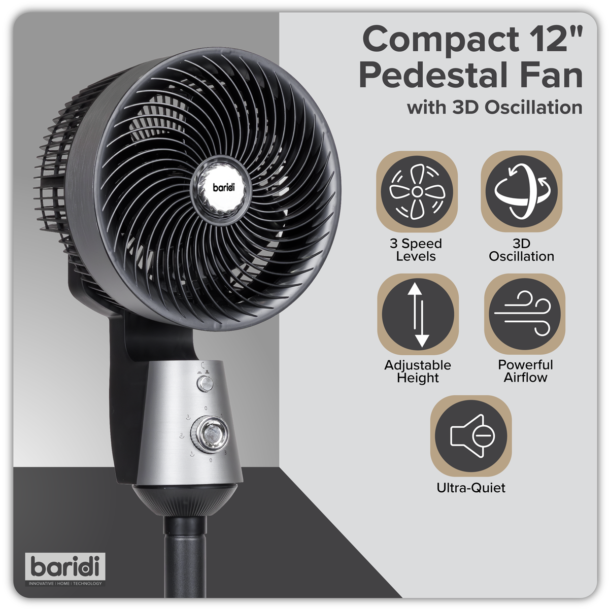 Baridi Pedestal Fan with Manual Control 10", Grey (DH142)