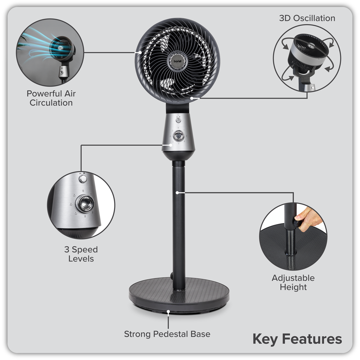 Baridi Pedestal Fan with Manual Control 10", Grey (DH142)