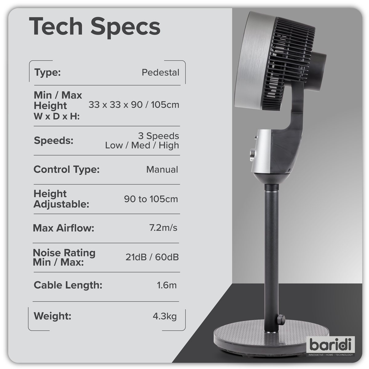 Baridi Pedestal Fan with Manual Control 10", Grey (DH142)