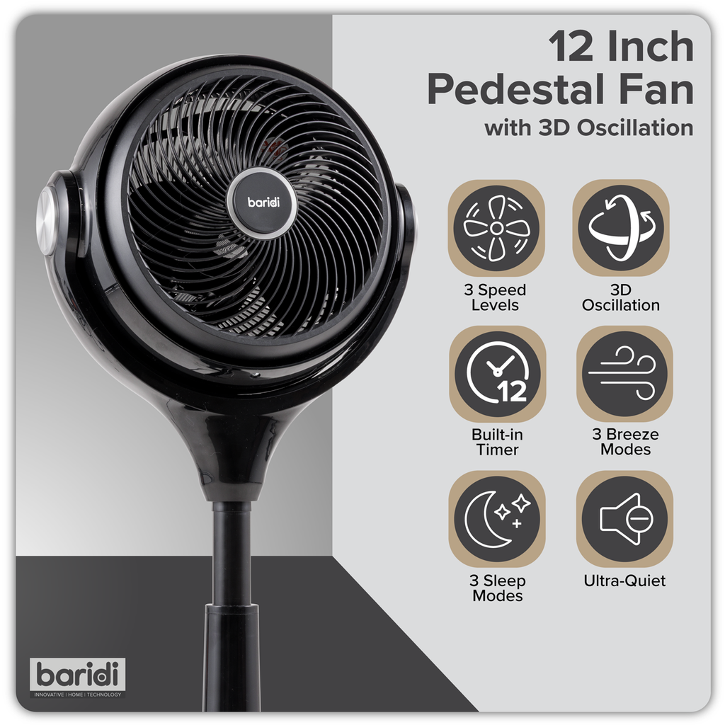 Baridi Pedestal Fan with Remote Control & Timer 10", Black (DH143) (Factory Refurbished B)