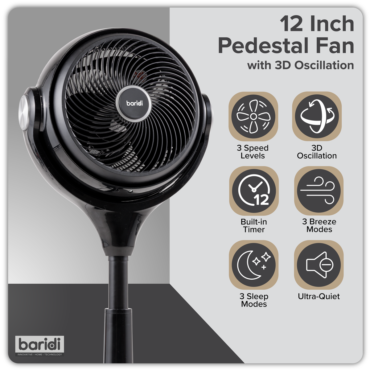 Baridi Pedestal Fan with Remote Control & Timer 10", Black (DH143) (Factory Refurbished B)