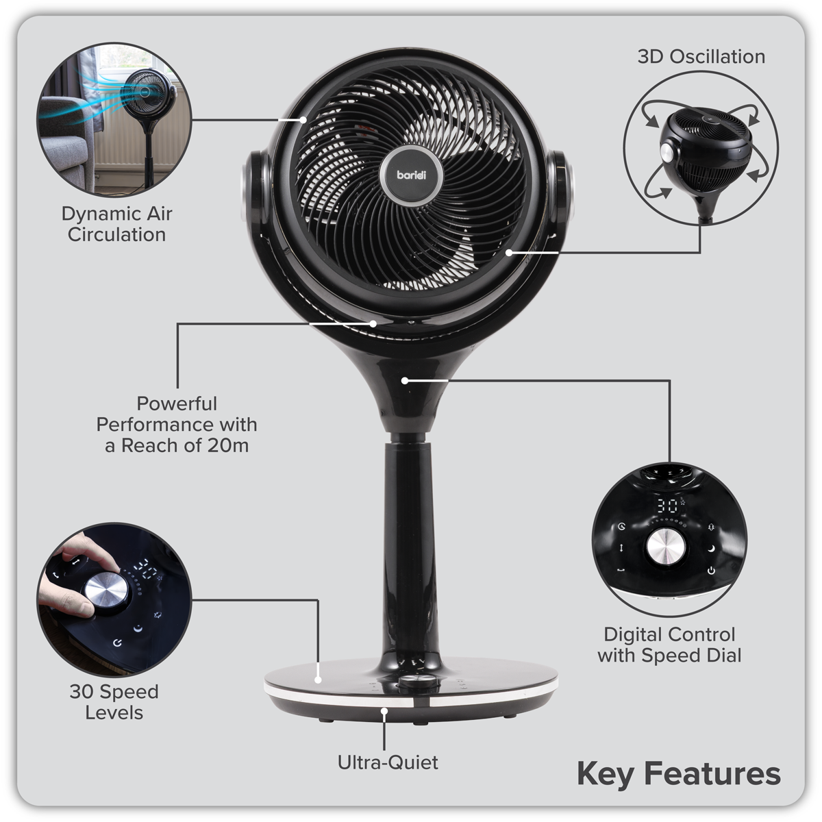 Baridi Pedestal Fan with Remote Control & Timer 10", Black (DH143) (Factory Refurbished B)
